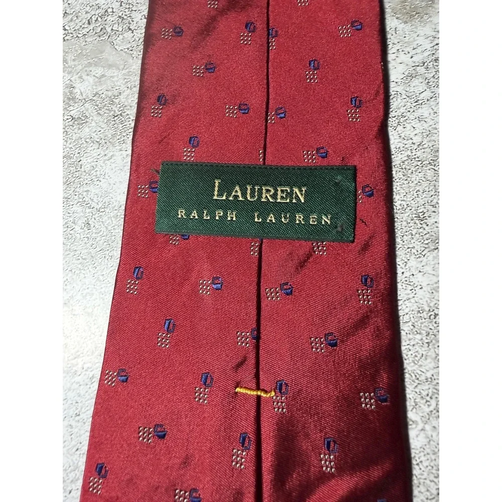 Lauren Ralph Lauren 100% Silk Tie Mens One Size Red Geometric Jacquard Necktie